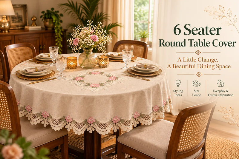 6 seater round table cover with beige floral embroidery, pink flower lace border and elegant dining table styling, suitable for 4 and 6 seater tables.