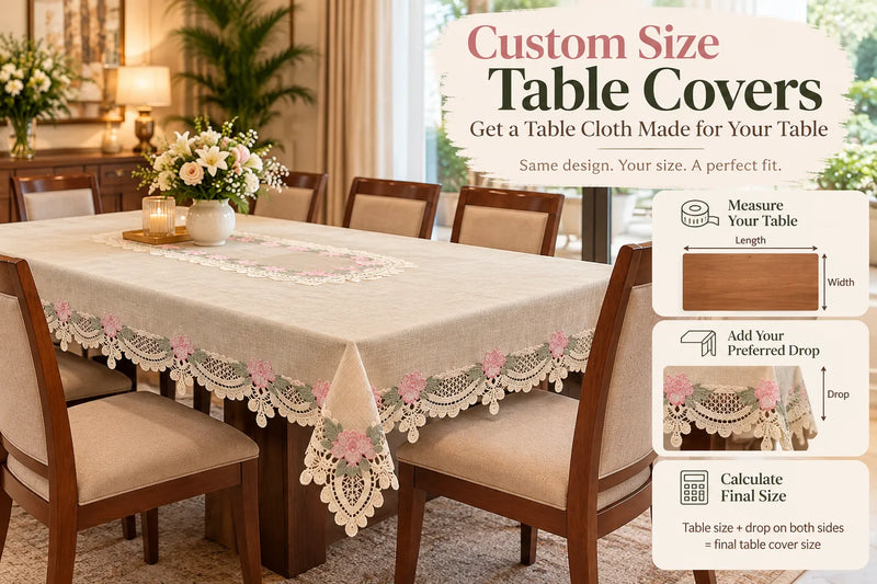 Custom size table cover measurement guide showing how to measure a table and choose the preferred tablecloth drop.