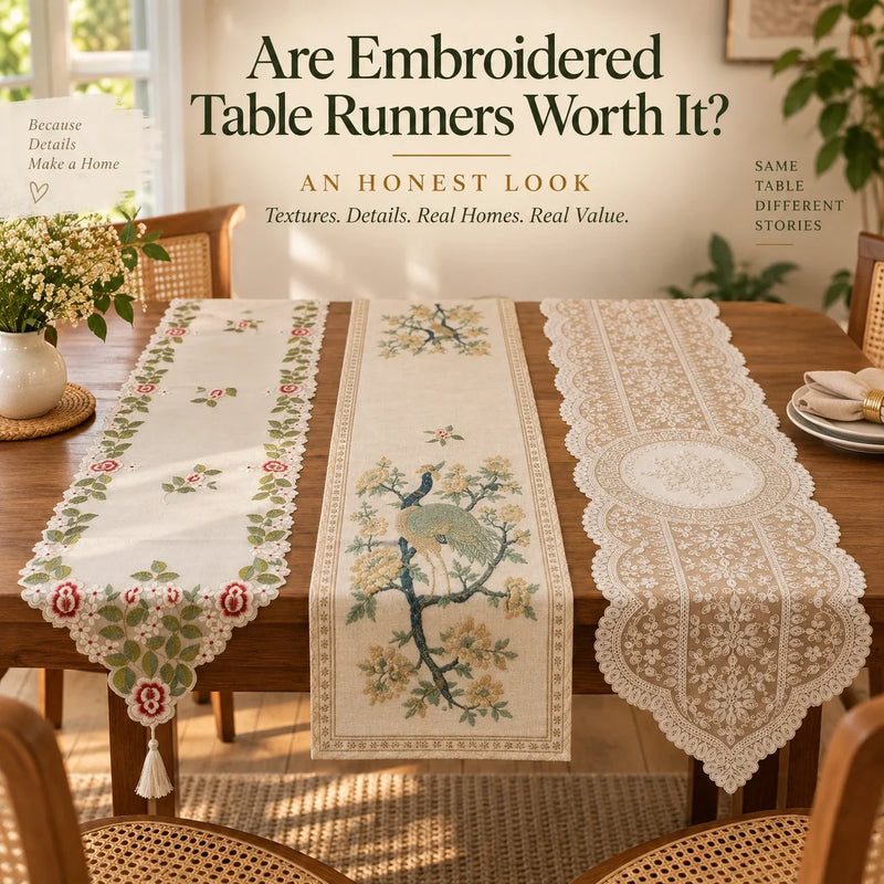 Embroidered lace table runner next to a plain poly linen table runner on a wooden dining table, showing construction and texture difference