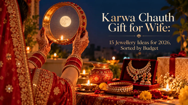 Karwa Chauth gift ideas for wife featuring jewellery, red bangles, decorated channi, diya and full moon during Karwa Chauth 2026.