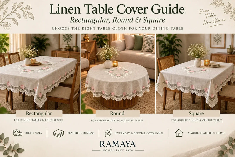 **Alt text:** Linen table cover guide showing rectangular, round and square floral tablecloths with embroidered lace borders on dining tables.