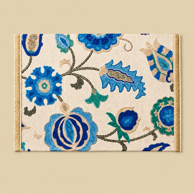 Decorative rug with blue floral patterns on a beige background