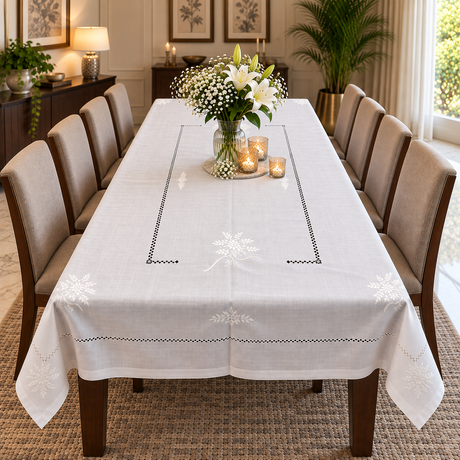 A light beige tablecloth with white embroidered snowflake and geometric patterns draped over a wooden dining table, surrounded by upholstered chairs in a bright, modern dining room.