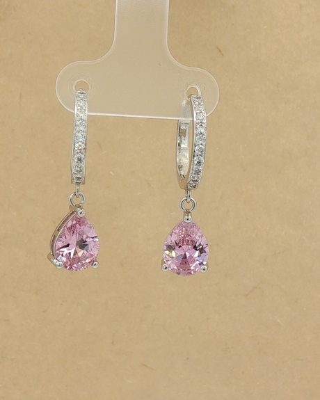 RAMAYA Earrings - Reddish Purple Rose Quartz Drop Earrings in White Gold Plated Silver