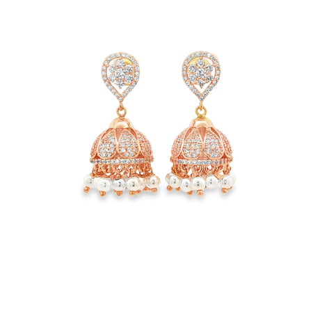 RAMAYA Dangle Earrings - Rose Gold Jhumka Earrings with Pearl Accents