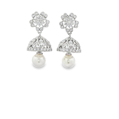 RAMAYA Dangle Earrings - White Gold Plated Dangle Earrings with Creamy Round Pearl