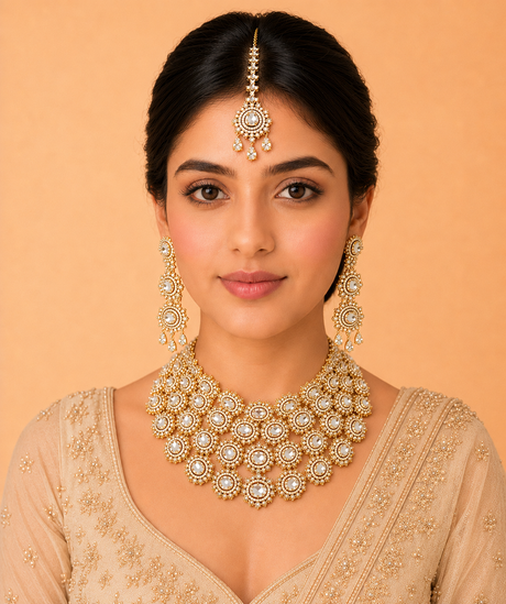 Woman wearing gold jewelry set against a beige background