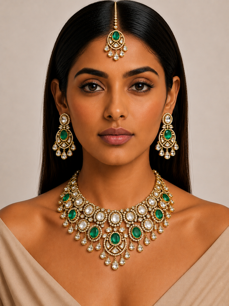 Woman wearing a traditional gold and green jewelry set against a neutral background