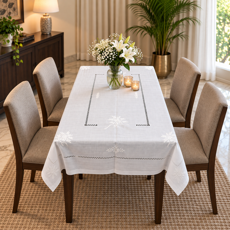 A rectangular dining table covered with a white tablecloth featuring embroidered snowflake and geometric patterns, surrounded by six upholstered chairs in a bright, modern dining room.