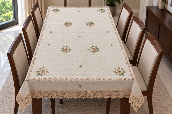 Rosalie Beige Linen Tablecloth with Gold-Maroon Embroidery & Crochet Lace Border 60*90 inches – 8 Seater