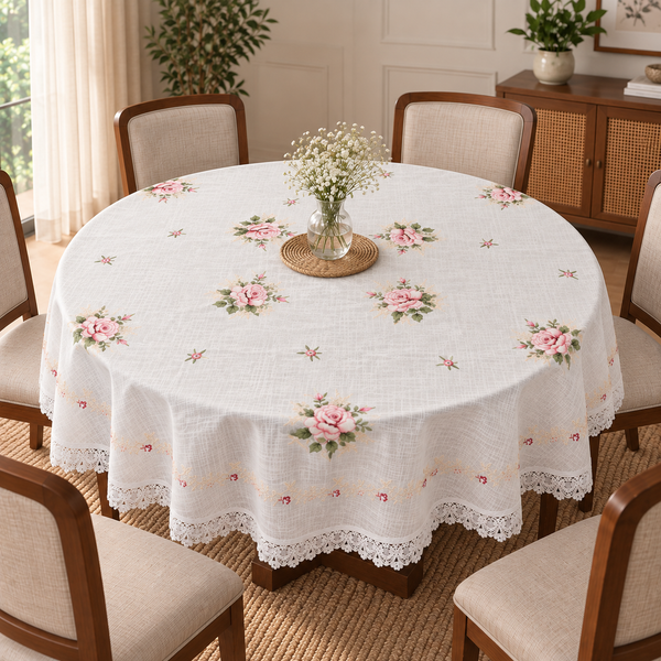 6 seater cross stitched table cover in white