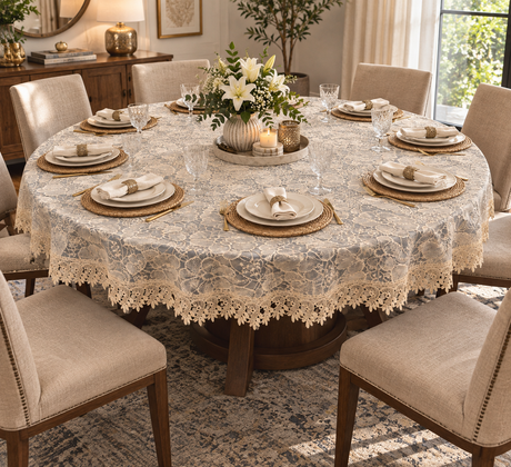 An round dining table covered with a cream lace tablecloth, set with white plates, gold-toned placemats, folded napkins, and a floral centerpiece in a styled dining room.