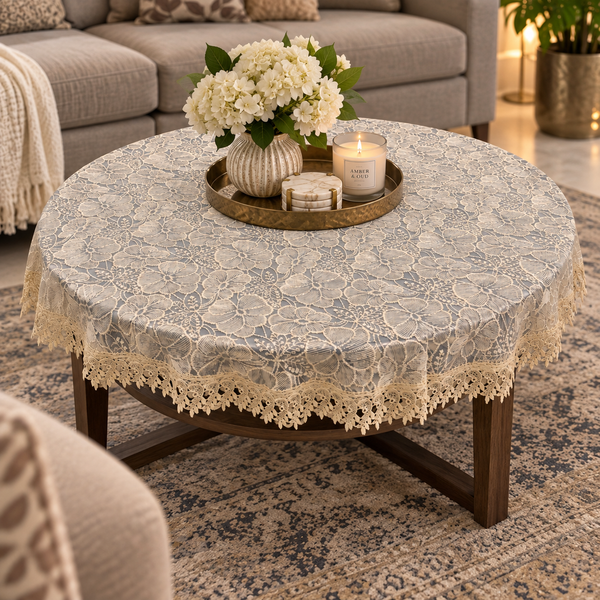 Genevieve Golden Organza Table Cover 60” Round | Embroidered Lace