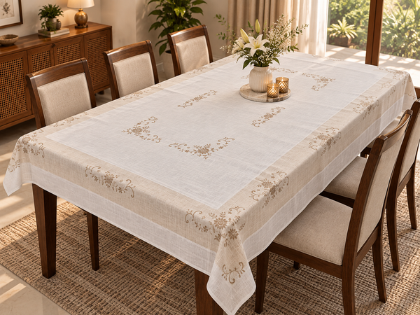 Aurelia Ivory Linen Tablecloth with Corner Floral Embroidery 8 Seater (60*90)