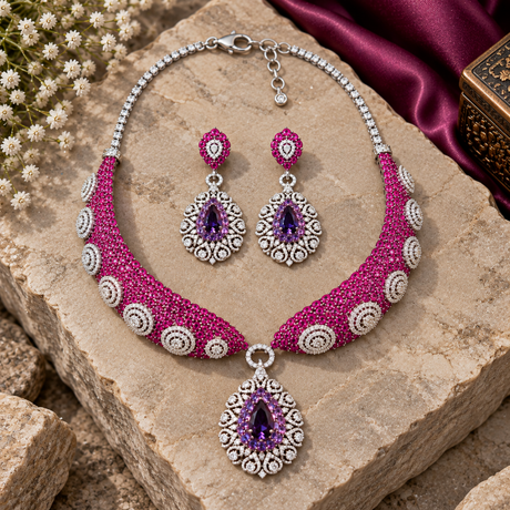 A jewelry set featuring a silver-toned necklace and matching earrings with bright pink beaded curved sections, silver filigree details, and teardrop-shaped purple gemstones, arranged on a stone slab with decorative flowers and satin fabric.