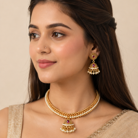 Woman wearing gold jewelry including a necklace and earrings against a beige background