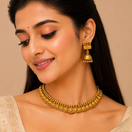Woman wearing gold jewelry including a necklace and earrings against a beige background