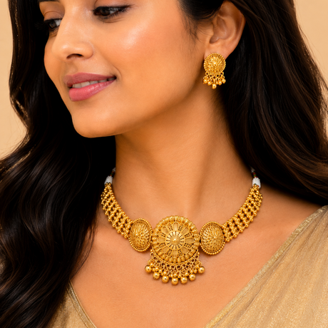 Woman wearing a gold necklace and earrings against a beige background