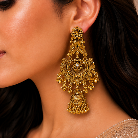 Close-up of a woman wearing a gold earring with intricate design.