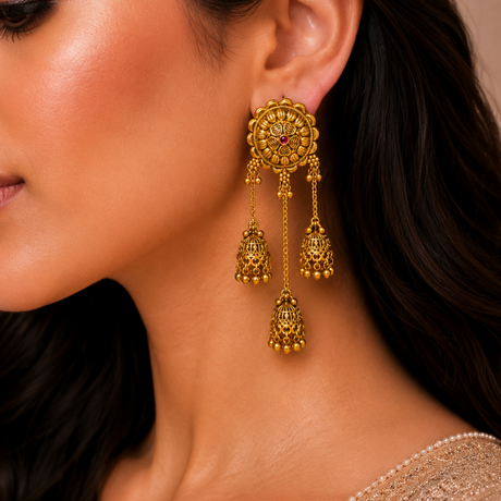 Close-up of a woman wearing gold earrings with dangling elements.