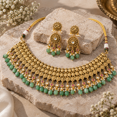 Gold-toned traditional jewelry set with a wide choker necklace and matching drop earrings, decorated with green beads, white pearls, and small red gemstone accents, arranged on a stone slab with dried flowers.