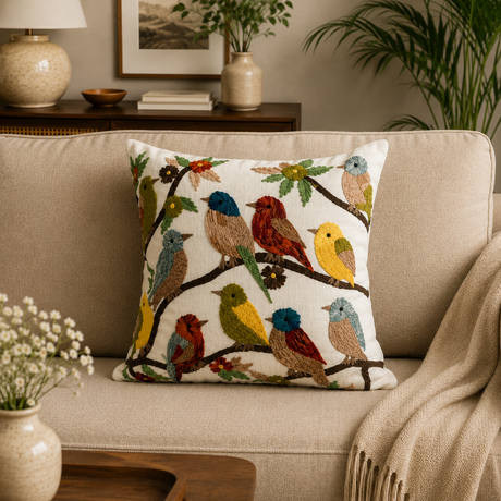 A square throw pillow with a colorful embroidered bird pattern on a cream background, resting on a beige sofa in a styled living room setting.