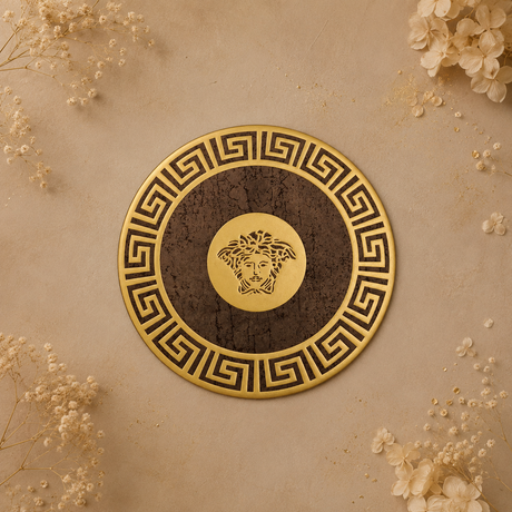 Decorative wall plaque with a central emblem and decorative border on a beige background with flowers.