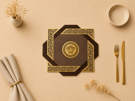 Decorative placemat with gold patterns on a beige surface with cutlery and flowers.