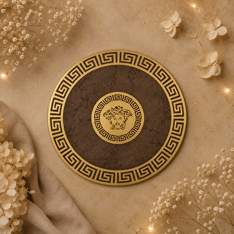 Decorative plate with a central emblem surrounded by flowers on a beige background