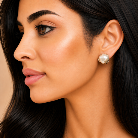 Close-up of a woman wearing pearl earrings with a neutral background