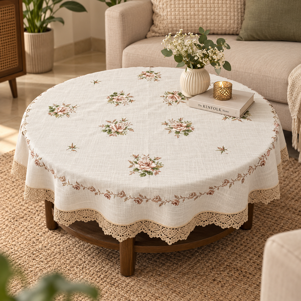 A round table covered with a cream-colored embroidered tablecloth featuring floral motifs and a lace-trimmed edge, styled in a living room setting with a sofa and patterned rug in the background.