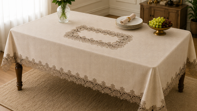 Table set with lace tablecloth, plates, and decorative items in a room.