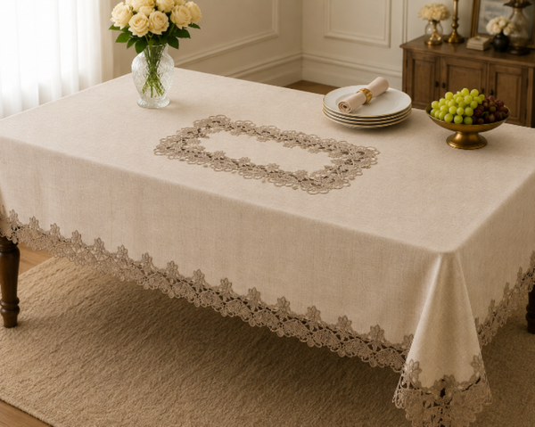 Table set with lace tablecloth, plates, and decorative items in a room.