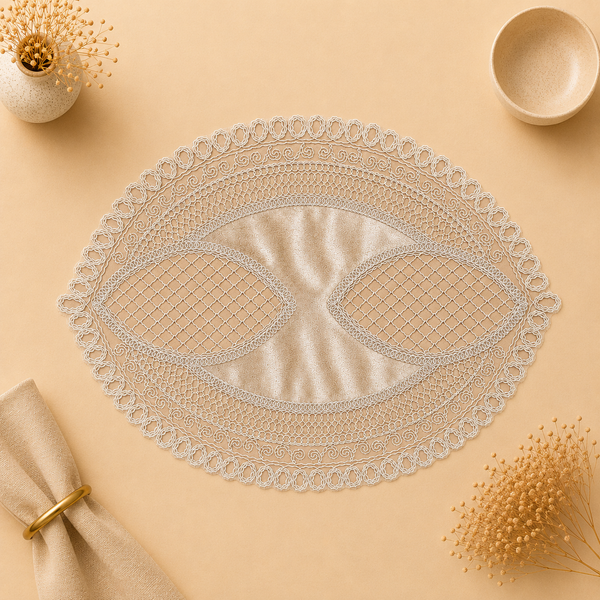 Decorative lace doily on a beige surface with minimal decor elements.