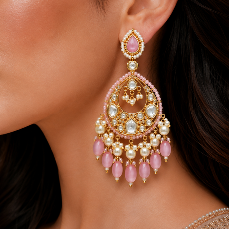Close-up of a woman wearing a pair of ornate earrings with pink stones.
