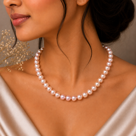 Pearl necklace worn by a model with a neutral background