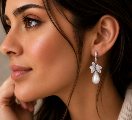 Close-up of a woman wearing a star-shaped earring with a pearl drop.