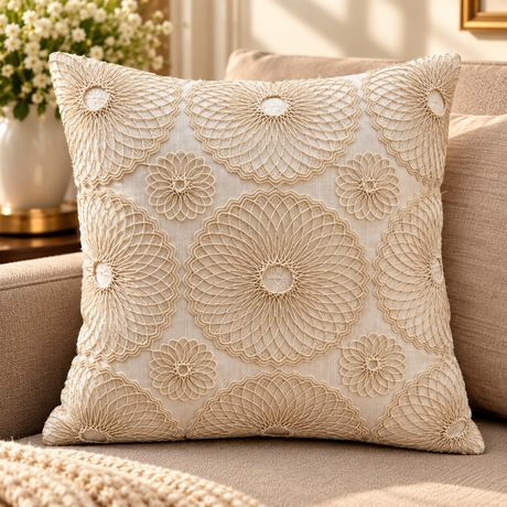 A square decorative throw pillow with intricate beige floral embroidery on a cream fabric background, styled on a beige sofa with a blurred vase of flowers in the background.