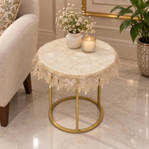 Genevieve Golden Organza Round Table Cover 24” | Embroidered Lace
