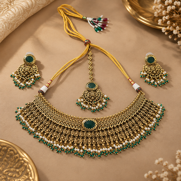 Antique Gold-Toned Bridal Jewellery Set | Fan Collar Necklace, Earrings & Maang Tikka