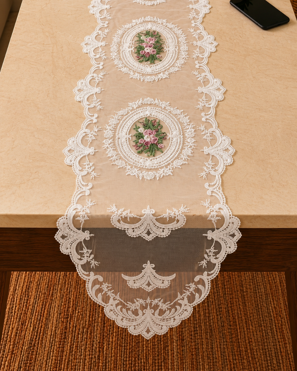 Rosa Embroidered white Net Lace table runner Oval  16*72 inchs