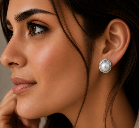 Close-up of a woman wearing pearl earrings with a neutral background