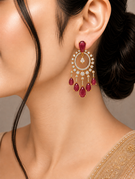 Close-up of a woman wearing a pair of ornate earrings with red gemstones.