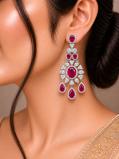 Close-up of a woman wearing a pair of red gemstone earrings with a neutral background