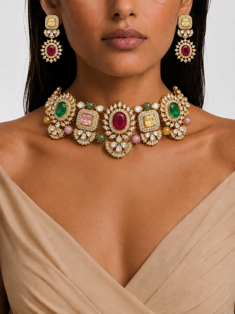 Close-up of a woman wearing an ornate necklace and earrings with gemstones on a plain background