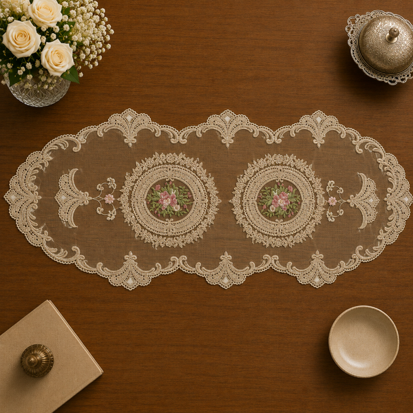 Rosa Embroidered beige Net Lace table runner Oval  16x36 inchs