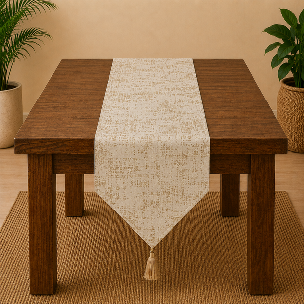 Wooden table with a beige table runner and tassel in a room with plants.
