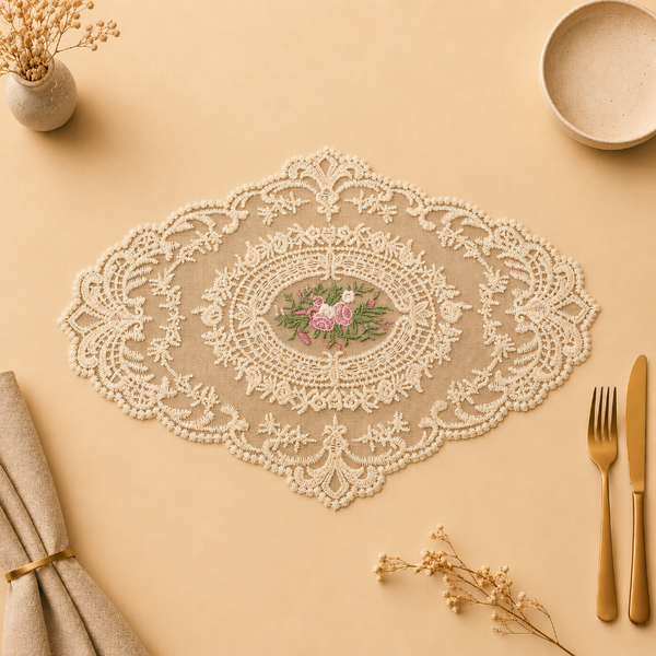 Rosa Embroidered beige Net Lace Placemat Oval 12×18 Inch