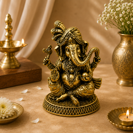 Curved Trunk Ganesha Brass Idol