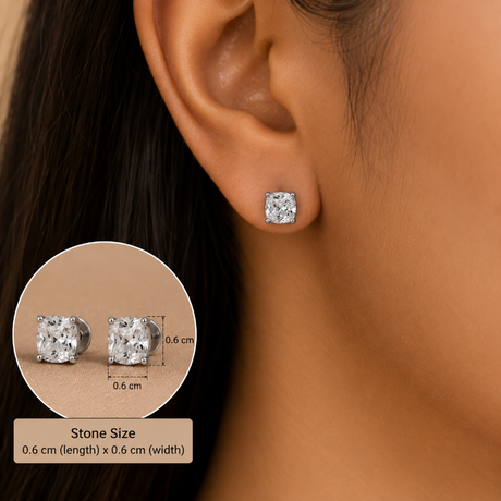 A close-up of a model's ear wearing a small square stud earring, with an inset showing the earring from the back and text indicating stone size 0.6 cm by 0.